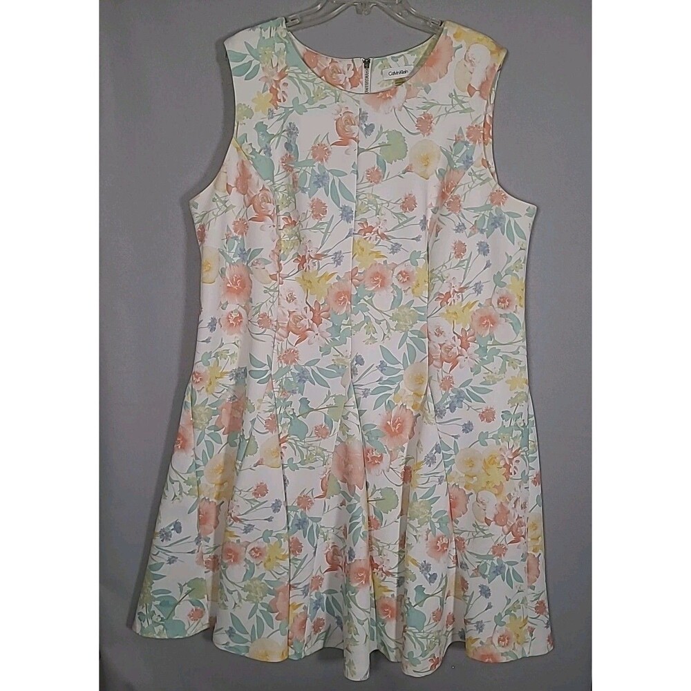 Calvin Klein Dress Womens 22W White Floral Fit Flare Cocktail Tea Party Dinner